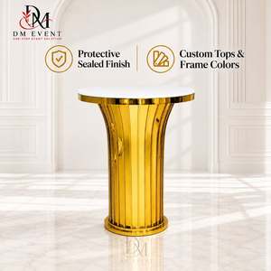 Gold Stainless Steel Fluted Column Cocktail <b>Table</b> for Wedding Banquet Event Rental with Mirror Glass Top for Wholesale Buyer - Product Image 1