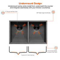 Haute qualité Double bol undermount SUS304 16 jauge noir cuisine évier avec égouttoir en acier inoxydable