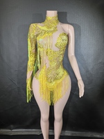 Justaucorps de Soirée Séduisant Coupe Évasée 7G à Épaule Unique, Costume de Danse Scénique pour Chanteuse et Danseuse avec Strass Bleus Scintillants et Franges