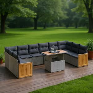 Ensemble de canapés de jardin gris foncé en rotin, mobilier d'extérieur 6 places, design contemporain avec panneaux en bois - Product Image 2