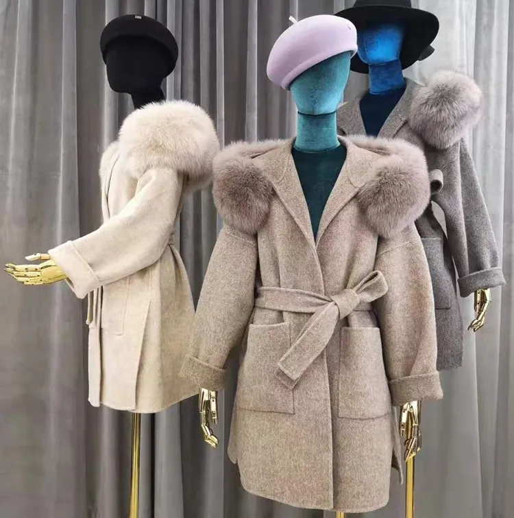 Ashcbs-manteau en laine de cachemire pour femme, veste en vraie fourrure de renard, taille Plus, vêtement d'extérieur, très tendance, automne hiver