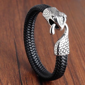 Venta al por mayor serpiente animal accesorio de cuero natural pulsera de joyería brazaletes de acero inoxidable pitón encanto brazalete para hombres - Product Image 3