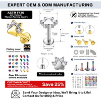 Piercing corporel en titane G23 ASTM F136, motif patte de chat ou patte de chien, avec zircone cubique, système push-pin sans filetage, plaqué or, pour cartilage, hélix, lobe