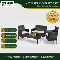 Ensemble de patio 4 pièces en rotin PE noir avec coussins beiges et table en verre