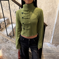 Cardigan en tricot à col roulé pour femme, style chinois avec boutons grenouille, manches longues, patte de boutonnage oblique, coupe ajustée et courte, 100% Polyester respirant
