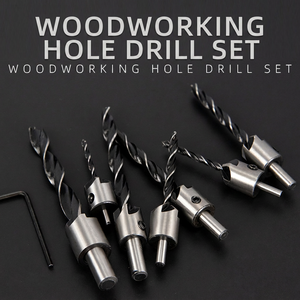 Three Point Woodworking Countersink <b>Drill</b> Set 6.35mm Straight Shank 55mm Length 3 Flute Bright Uncoated High Speed Steel - Product Image 2