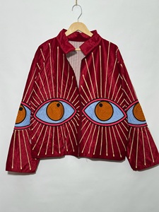<b>Women</b>’s Red <b>Velvet</b> Blouson <b>Jacket</b> with Embroidered Eye Motif Lantern Sleeves Turn-Down Collar Autumn Fashion <b>Jacket</b> - Product Image 1