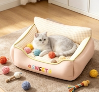 Canapé-lit pour animaux de compagnie bicolore pastel, extérieur rose, doublure à carreaux beige, dossier incurvé, coussin enveloppant, lavable, pour chien et chat