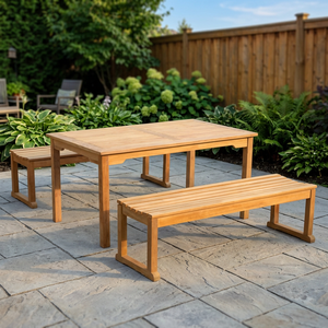 Modern Foldable Teak Wood Patio/Park <b>Dining</b> <b>Set</b> <b>with</b> 2 <b>Benches</b> Smooth Sanded Finish for Outdoor Use - Product Image 1
