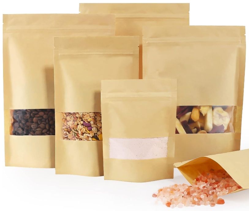 Kantong Ziplock kertas Kraft 12*20cm harga rendah tas Mylar kertas Kraft  coklat dengan jendela