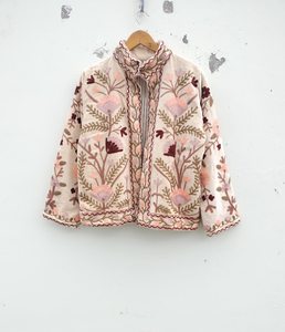 Floral Embroidered Mandarin Collar Jacket <b>Women</b> Full Sleeve Prairie Chic <b>Spring</b> Outerwear Handmade Woven Cotton <b>Coat</b> - Product Image 3