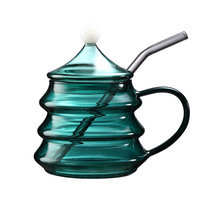 Mug isotherme en verre borosilicate haute résistance avec couvercle en paille, motif sapin de Noël coloré, plusieurs couleurs disponibles pour le café