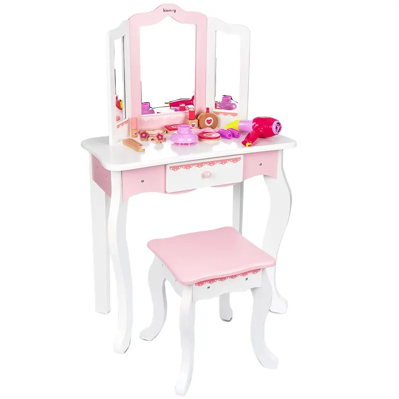 DIY Creative toy multi-function mirror dresser toy Wooden pink dressing table toy