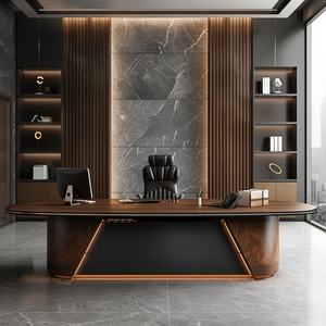 Bureau de direction moderne avec garniture dorée, grand bureau de PDG, bureau de direction contemporain, plateau en bois, poste de travail - Product Image 3