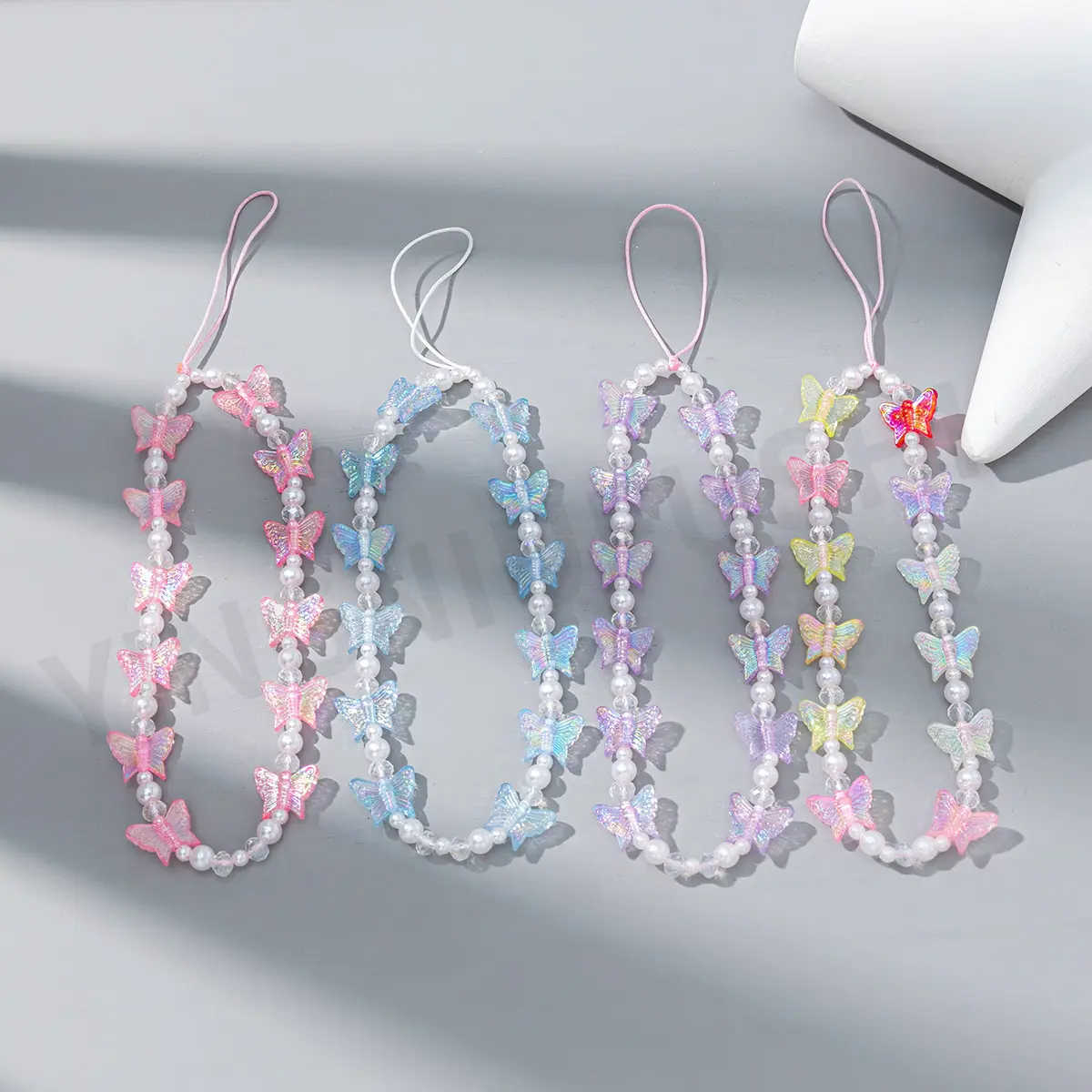 Kawaii Handmade Pink Purple Butterfly Phone Straps Fashion Pearl Beads Phone Lanyard Wrist Strap Mobile Phone Charm Chain