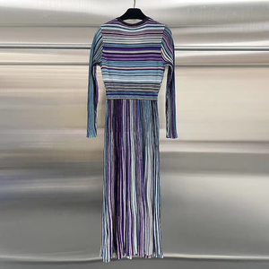 OUDINA Vestido Largo de Punto Elegante <span class=keywords><strong>para</strong></span> Mujer, con Rayas de Colores de Moda Otoñal, Cuello Bajo y Cintura Alta - Product Image 6