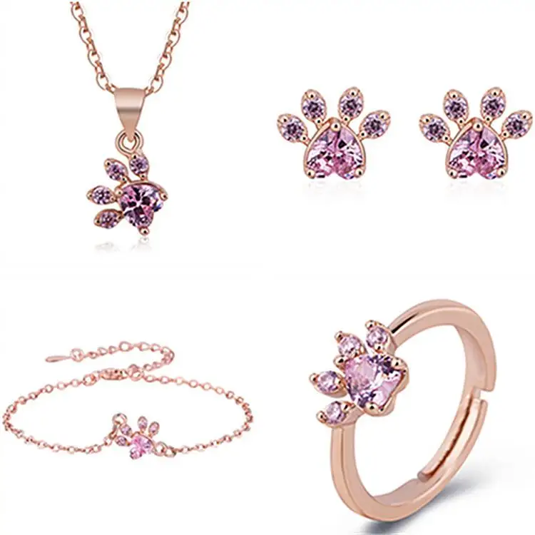 Rose Gold Plated Adjustable Pink Diamond Promise Cat Paw Heart-shaped Footprint Necklace Earring Stud Bracelet Ring Set