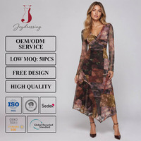 Robe midi en maille à imprimé floral Joydressing, manches longues, col en V, ourlet asymétrique froncé, robe de soirée pour femmes, vente en gros OEM