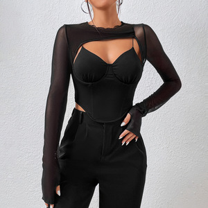 Vente en gros de T-shirts pour femmes Fashion Sexy Splicing Mesh Plus Size Vêtements pour femmes Top à manches longues européen et américain - Product Image 2