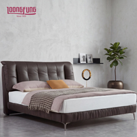 Lit moderne LOONGFUNG en cuir véritable, rembourré et doux, avec sommier à lattes en pin massif et tête de lit capitonnée, disponible en tailles King et Queen