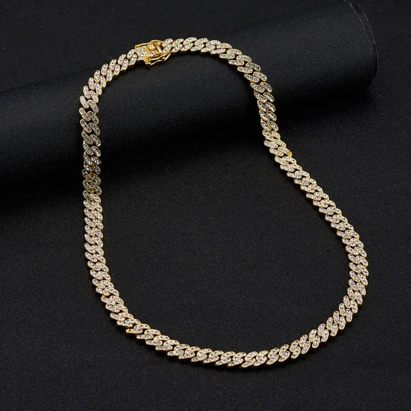 RQ iced out cuban chain Alloy Rhinestones 9mm Cuban Link Chain Necklace Bracelets Cheap Rapper Jewelries cadenas de oro