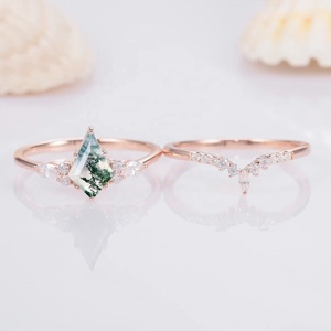 925 <strong>Sterling</strong> <strong>Silver</strong> Vintage Kite Cut Moss Agate Diamond Engagement <strong>Ring</strong> <strong>Set</strong> 14k Rose Gold Green Moss Agate Wedding Bridal <strong>Set</strong> - Product Image 4