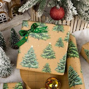 Kraft Christmas <b>Wrapping</b> <b>Paper</b> Green and Gold Luxury Gold Foil Christmas Tree Star Brown Thick Holiday Gift Packaging - Product Image 1