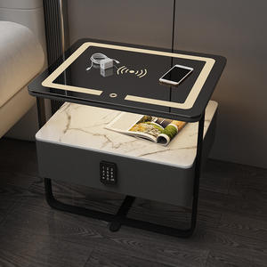 Mesita de noche con marco de hierro de madera maciza de losa de roca inteligente de lujo con carga inalámbrica Bloqueo de contraseña de luz de 3 colores - Product Image 2