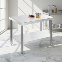 Tables de travail commerciales en acier inoxydable pour la préparation des aliments, revêtement autonettoyant, finition polie, pieds réglables en hauteur, capacité de charge de 300 kg/m
