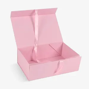 맞춤형 로고 핑크 프리미엄 포장 판지 접는 플랫 마그네틱 선물 상자 리본