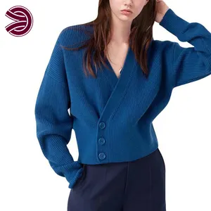 Casual V-neck Autumn Spring Short Cropped Street Long Sleeves Plain Women's Sweaters Knitted Cardigan