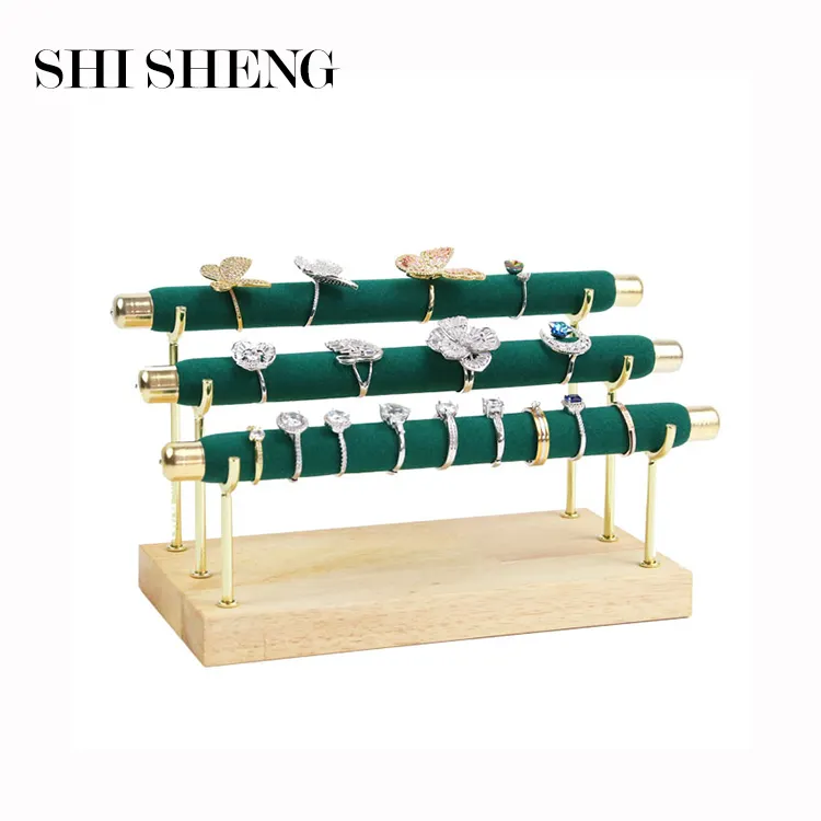 Shi sheng, suporte de madeira para exibição de joias femininas, tecido de microfibra, prendedor de anel de veludo verde DIY, prendedor de joias
