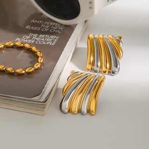 <b>Stud</b> <b>Earrings</b> 18K Gold Stainless Steel Two Tone Wave Design Party Jewelry - Product Image 3