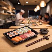 Boîte à sushi classique en plastique noir avec couvercle transparent, plateau à sushi rectangulaire jetable transparent