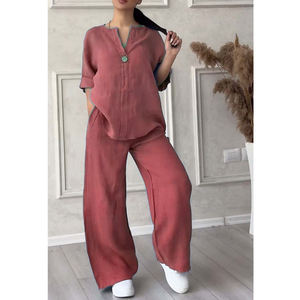 Conjunto de 2 Piezas de Pantalones Anchos Casuales de Color Sólido, de Algodón y Lino, para Mujer - Product Image 3