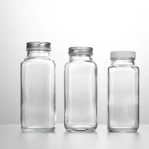 Botellas de vidrio transparentes cuadradas vacías al por mayor, 8oz, 12 oz, 16oz, leche/jugo/té/bebida, 250ml, 350ml, 500ml, con tapa