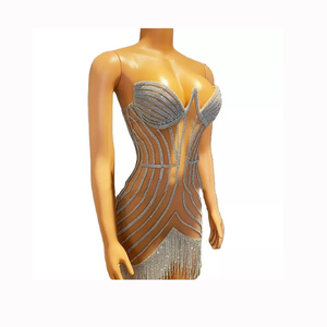 Robe de mannequin sans manches à franges, <span class=keywords><strong>Sexy</strong></span>, maille pleine de diamants, modèle de défilé, <span class=keywords><strong>photographe</strong></span> - Product Image 1
