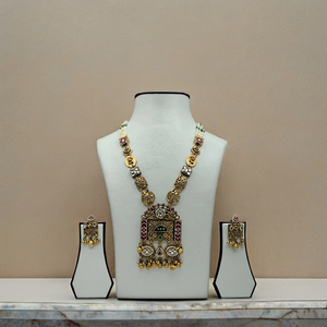 Traditional Indian Temple Gold Necklace <b>Set</b> with Kundan Stones Pearl <b>Beads</b> and Matching Jhumka Earrings Bridal Jewelry - Product Image 4