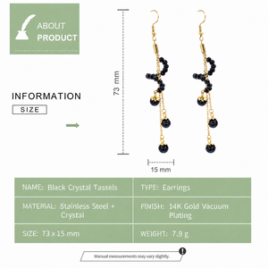 Boucles d'oreilles pendantes en spirale de cristal noir avec pampilles, en acier inoxydable plaqué or 14 carats sous vide, avec chaîne à hameçon - Product Image 4