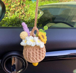 Espejo retrovisor de punto hecho a mano, decoración de flores en maceta, plantas de rosas, espejo de coche de ganchillo, adorno colgante, accesorios para coche - Product Image 1