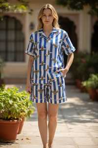 Conjunto de pijama de algodón con estampado de abejas para mujer, conjunto de ropa de dormir y descanso con top de manga corta y pantalones cortos a rayas azules - Product Image 3