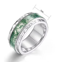 Bague en agate mousse naturelle de 6mm de large en argent sterling S925 bague de fiançailles en pierre verte minimaliste bague de promesse pour femme