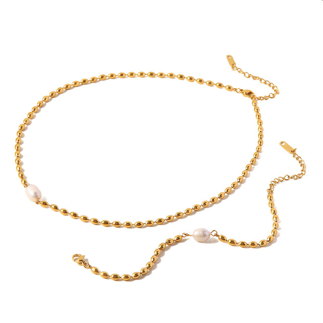 AA02175 Stainless Steel Pearl Necklace 18K Gold Plated Bead Chain Single Pearl Pendant Bracelet Necklace
