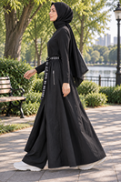 EVE074 Pakaian Muslim Khusus Rok Maxi Hitam Pakaian Islami Rok Panjang Model A-Line Pinggang Tinggi dengan Sabuk Berhuruf dan Saku Resleting