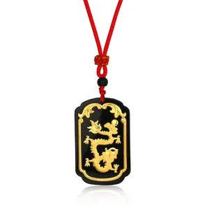 Vintage Style Pure 24K Gold High Quality Natural Black Nephrite Pendant Hand Carved Dragon Gentle And Elegant Pendant