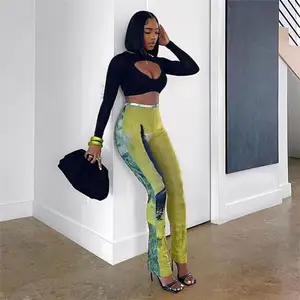 Mesh Tie Dyed Print Flare Pant See Through Evening Party Clubwear Women Leggings