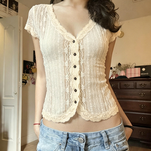2026 Summer Women Lace <b>Patchwork</b> See Through V Neck T-Shirt Sexy Slim Fit Short Sleeve Chic Elegant Korean Style <b>Top</b> - Product Image 3
