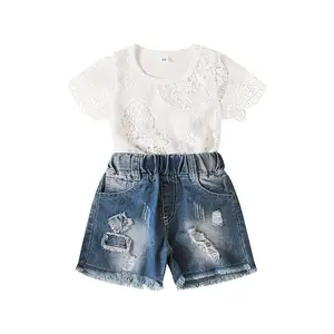 Baby Meisjes Zomer Kleding Sets Hollow Lace Kids Korte Mouw T-shirt Tops + Denim Shorts Jean Outfits Baby Meisjes Kleding set