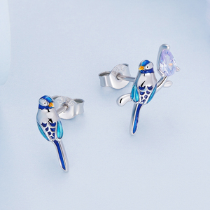 Pendientes de tuerca de Plata de Ley 925 con diseño de pájaros para mujer, joyería de circonia cúbica púrpura, con diseño de pájaros delicados, para regalo, BSE691 <span class=keywords><strong>Bamoer</strong></span> - Product Image 3