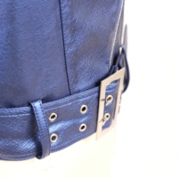 Jaket kulit PU wanita, jaket kulit PU biru Bias pita ritsleting dengan sabuk gesper ganda pola Solid dekorasi kancing gaya pengendara sepeda motor wanita